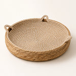 Handwoven round cat scratcher basket bed in natural tan