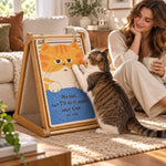 Orange cat A-frame scratcher in a warm living room