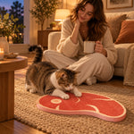 Cat and owner relaxing beside the steak scratcher at evening