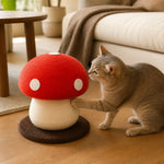 Cat playing beside the Short red mushroom scratching post