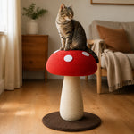 Cat sitting on the Tall red mushroom scratching post