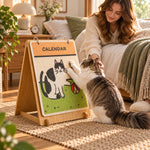Calendar cat scratcher beside a bed in morning light