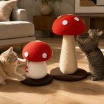 Two cats playing with Short and Tall mushroom scratching posts