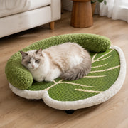 Botanical leaf cat scratcher bed styled in a modern living room