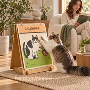 Calendar cat A-frame scratcher shared by a cat and owner