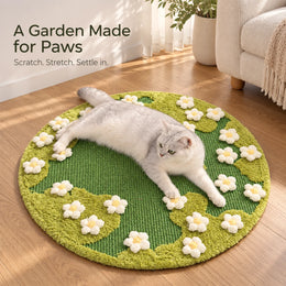 Flower garden sisal cat scratching rug shared by a cat and owner
