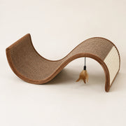 Brown S-curve cat scratcher lounge with hanging feather toy