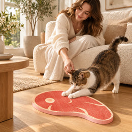 Steak-shaped cat scratcher shared by a cat and owner