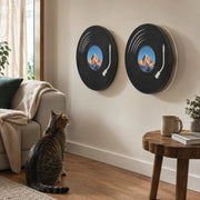 Basic and rotating vinyl-record cat scratchers in a warm living room