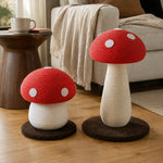 Short and Tall red mushroom cat scratching posts in a warm living room