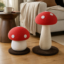 Short and Tall red mushroom cat scratching posts in a warm living room