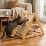 Cat using the Basic A-frame sisal scratcher with woven hammock in a living room
