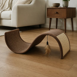 S-curve cat scratcher lounge styled beside a modern sofa