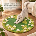 Cat stretching and scratching the botanical sisal rug beside a sofa