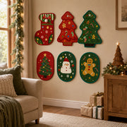 Christmas cat scratchers displayed on a living room wall