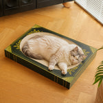 Cat lounging on the curved oval corrugated scratching surface