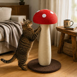Cat stretching against the Tall red mushroom sisal scratching post
