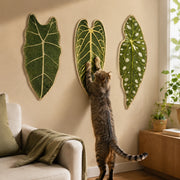 Cat stretching and scratching a wall-mounted botanical sisal mat