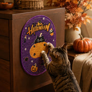 Purple Halloween cat scratcher attached to furniture