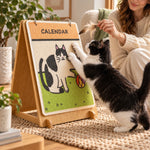 Cat stretching and scratching the calendar cat panel