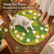 Cat and owner sharing the botanical scratching rug at home