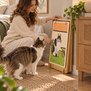 Foldable bamboo cat scratcher stored beside a cabinet