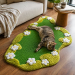 Cat lounging comfortably on the garden-inspired scratching rug