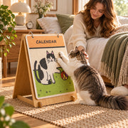 Calendar cat scratcher beside a bed in morning light