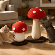 Two cats playing with Short and Tall mushroom scratching posts