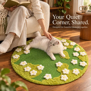 Owner reading beside a cat relaxing on the garden scratching rug