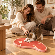 Couple and cat sharing playtime with the steak scratcher